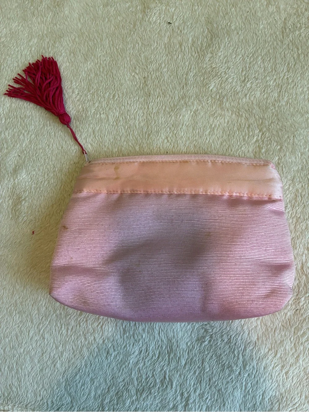 Monogram W Pink Satin Tassel Cosmetic Pouch